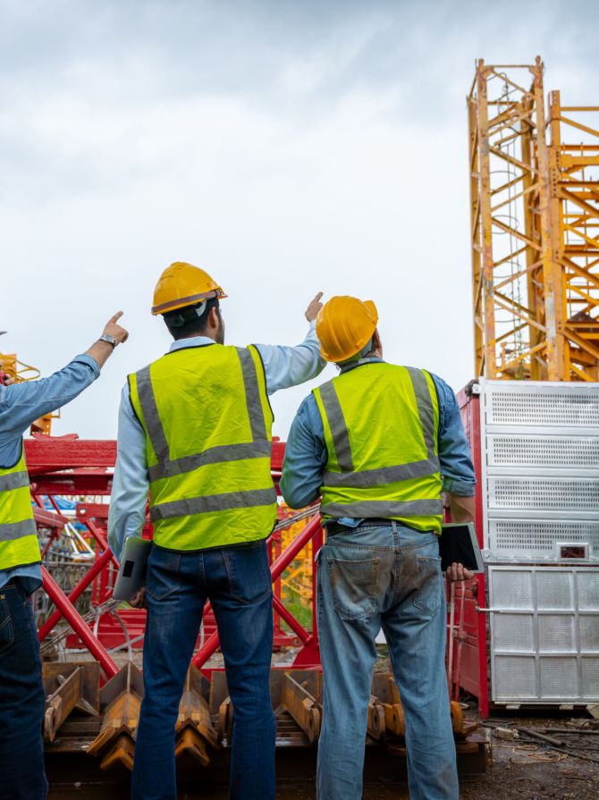 Three men in construction gear are talking to each other and one of them is holding a tablet. Scene is serious and focused, as the men are discussing important information related to their work